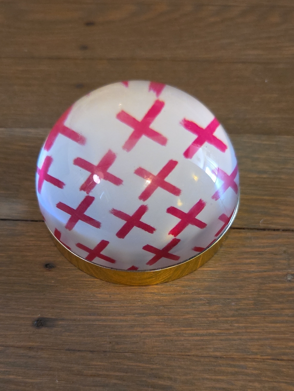 Gartner Studios Glass Paperweight with Pink Crosses (Hugs) and Gold Base